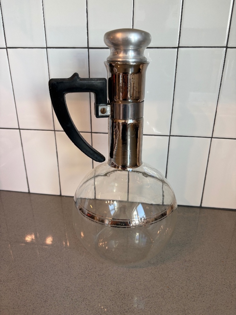 Vintage MCM Inland handblown glass carafe with Bakelite handle
